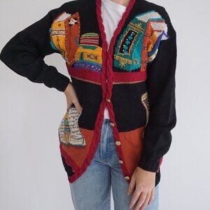 Vintage Ashley Hill Black Knit Beaded Book Nerd Cotton Blend Cardigan Sweater S